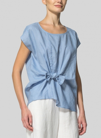 Sky Blue Linen Waist Self-tied Ribbon Top