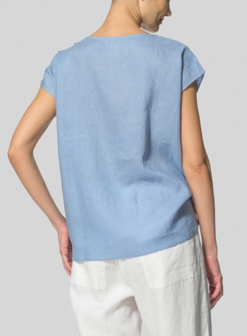 Sky Blue Linen Waist Self-tied Ribbon Top