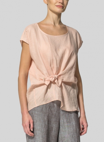 Rose Pink Linen Waist Self-tied Ribbon Top