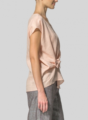 Rose Pink Linen Waist Self-tied Ribbon Top