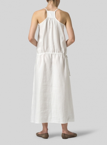 White Linen Half Button-Down Sleeveless Dress