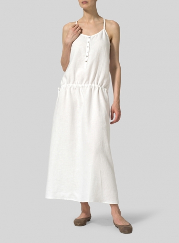 White Linen Half Button-Down Sleeveless Dress