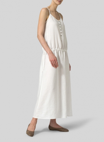White Linen Half Button-Down Sleeveless Dress