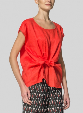 Red Linen Waist Self-tied Ribbon Top