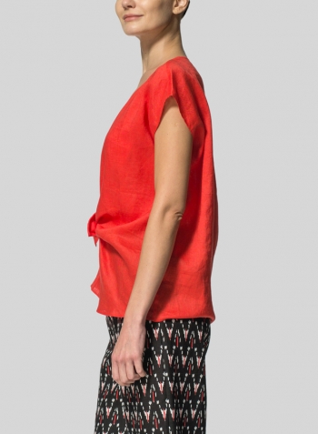 Red Linen Waist Self-tied Ribbon Top