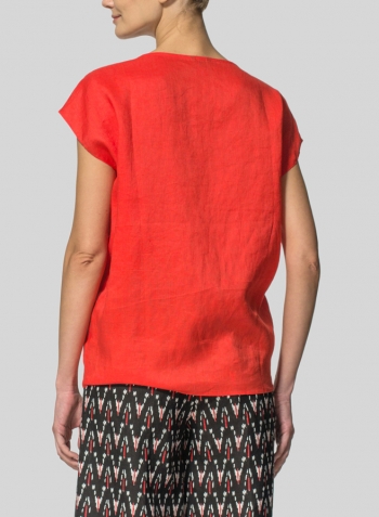 Red Linen Waist Self-tied Ribbon Top