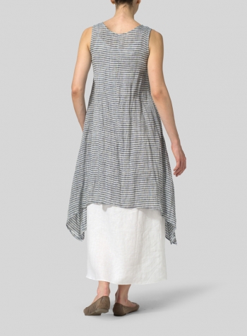 Blue White Weave Linen Sleeveless Crumple Effect Long Dress