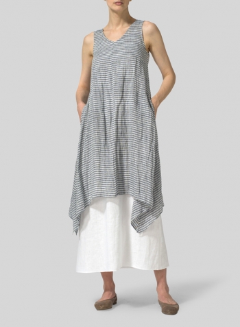 Blue White Weave Linen Sleeveless Crumple Effect Long Dress