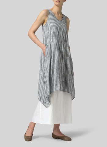 Blue White Weave Linen Sleeveless Crumple Effect Long Dress