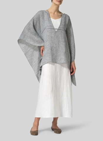 Blue White Weave Linen Short Batwing Sleeves Blouse