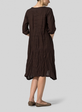 Brown Linen Flare Midi Dress