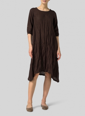 Brown Linen Flare Midi Dress