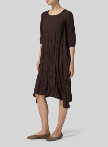 Brown Linen Flare Midi Dress