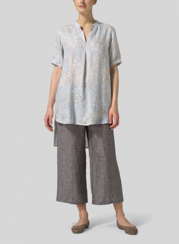 Blue Paisley Weave Linen Mandarin Collar A Shape Blouse