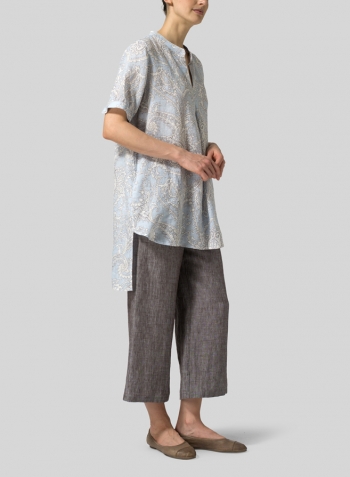 Blue Paisley Weave Linen Mandarin Collar A Shape Blouse