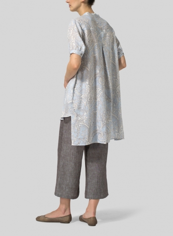 Blue Paisley Weave Linen Mandarin Collar A Shape Blouse