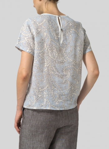 Blue Paisley Waves Linen Boxy Short Sleeve Top