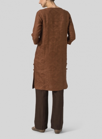 Brown Linen Handmade Knot Jacquard Long Tunic