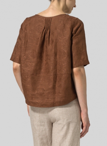 Brown Linen Jacquard Slip-on Half Sleeve Blouse