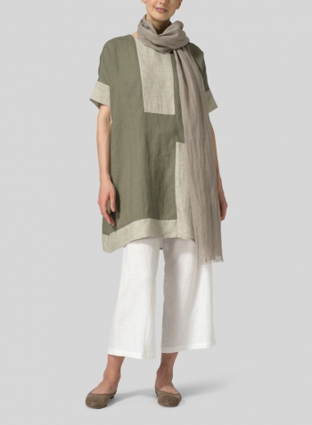 Dark Khaki Green Dot Linen Oversize Patchwork Tunic