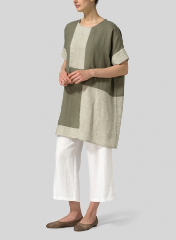 Dark Khaki Green Dot Linen Oversize Patchwork Tunic