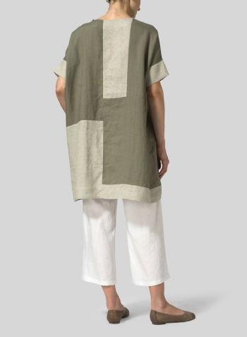 Dark Khaki Green Dot Linen Oversize Patchwork Tunic