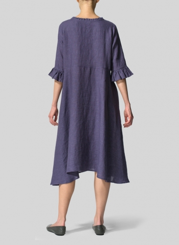 Midnight Purple Linen Ruffle Sleeves Long Dress