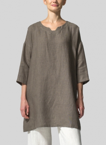 Dark Khaki Green Linen Decolletage Neckline Long Tunic