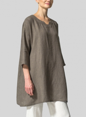 Dark Khaki Green Linen Decolletage Neckline Long Tunic