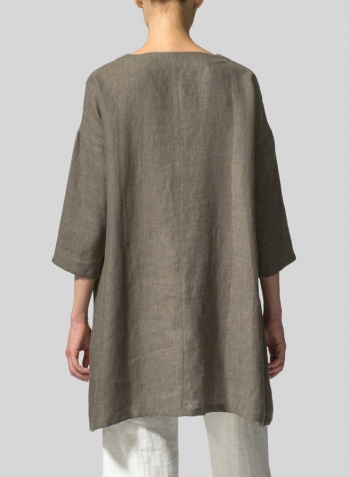 Dark Khaki Green Linen Decolletage Neckline Long Tunic