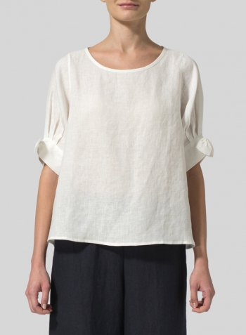 Ivory White Linen Short Lantern Sleeve Top