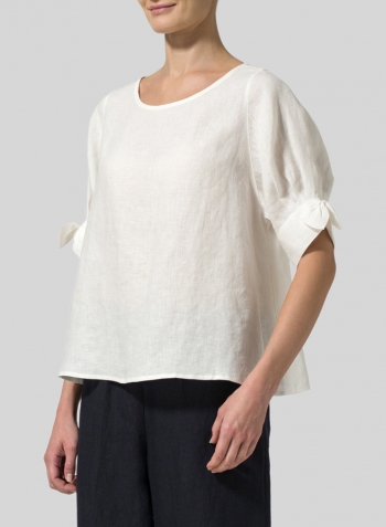 Ivory White Linen Short Lantern Sleeve Top