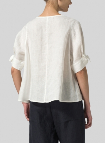 Ivory White Linen Short Lantern Sleeve Top