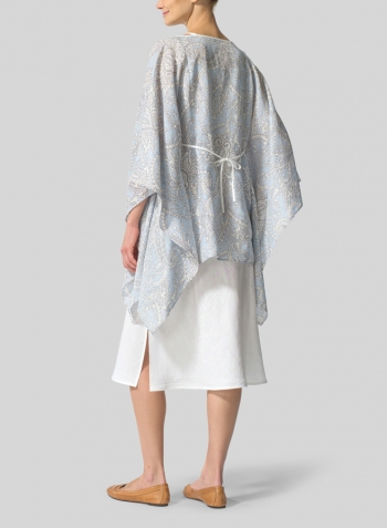 Blue Paisley Weave Linen Short Batwing Sleeves Blouse