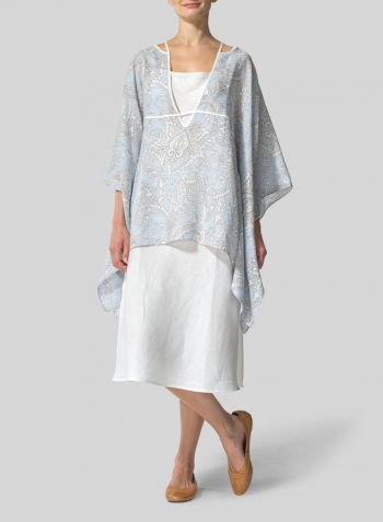 Blue Paisley Weave Linen Short Batwing Sleeves Blouse