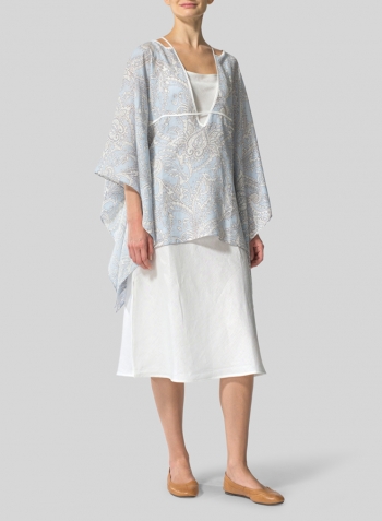 Blue Paisley Weave Linen Short Batwing Sleeves Blouse