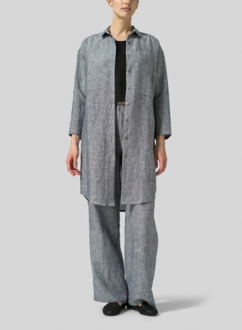 Two Tone Navy White Linen Long Shirt