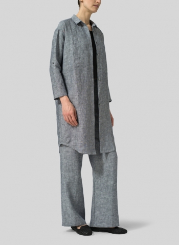 Two Tone Navy White Linen Long Shirt
