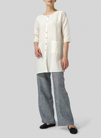 Off White Linen Round Neck Button Front Top