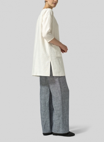 Off White Linen Round Neck Button Front Top
