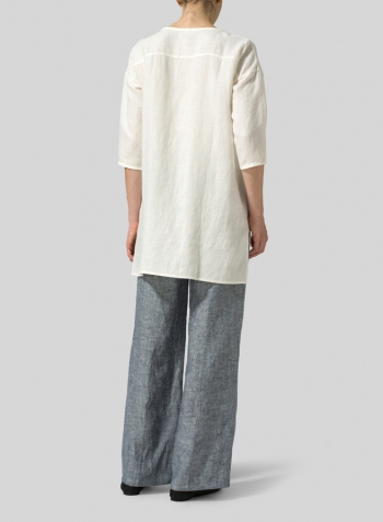 Off White Linen Round Neck Button Front Top