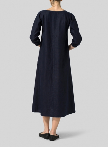 Dark Navy Linen Elbow Sleeve Long Dress