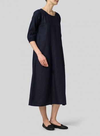 Dark Navy Linen Elbow Sleeve Long Dress