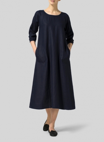 Dark Navy Linen Elbow Sleeve Long Dress