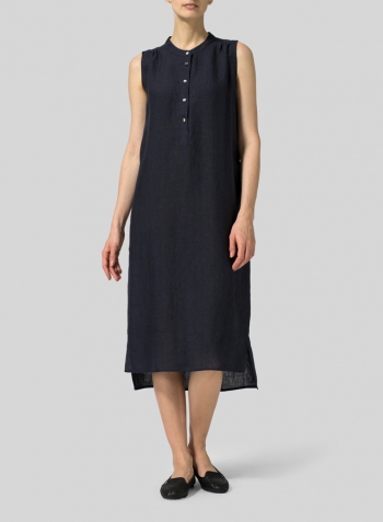 Navy Linen Slip On Dress