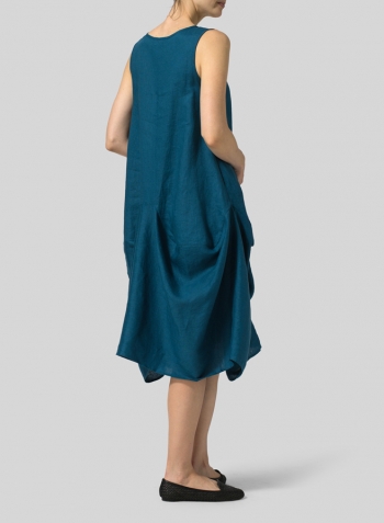 Linen Sleeveless Draped Dress With Scarf