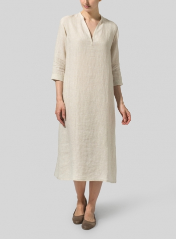 Oat Linen V-neck Mandarin Collar Dress Tunic