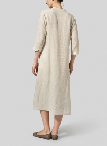 Oat Linen V-neck Mandarin Collar Dress Tunic