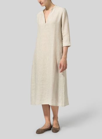 Oat Linen V-neck Mandarin Collar Dress Tunic