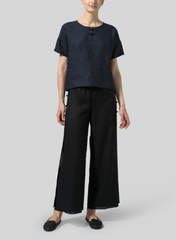 Denim Blue Linen Chinese Button Box Top